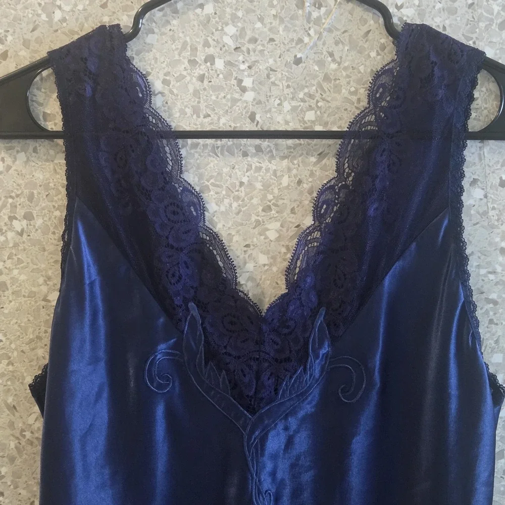 Natori‎ Blue Satin Lace Trim Sleep Cami Top Womens Small S Silky Lingerie